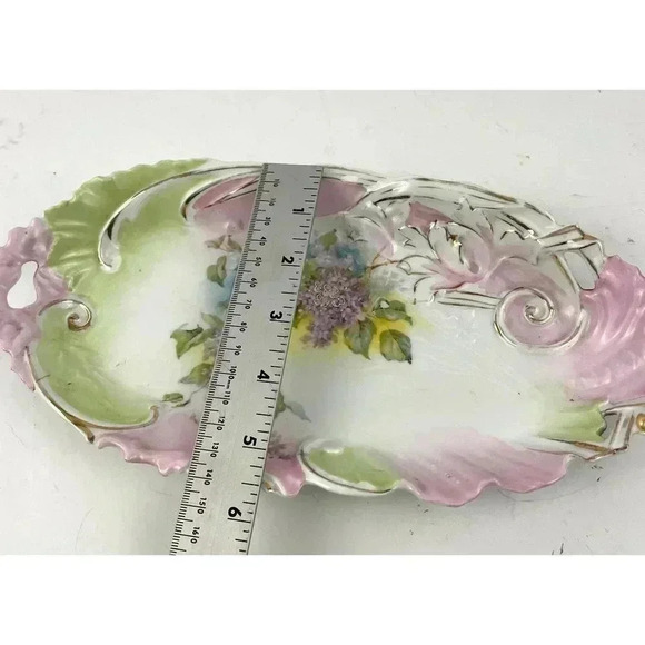 VTG Pink Green Porcelain Celery Dish Cut Out Handles Gold Accent Estate Find - Picture 12 of 14